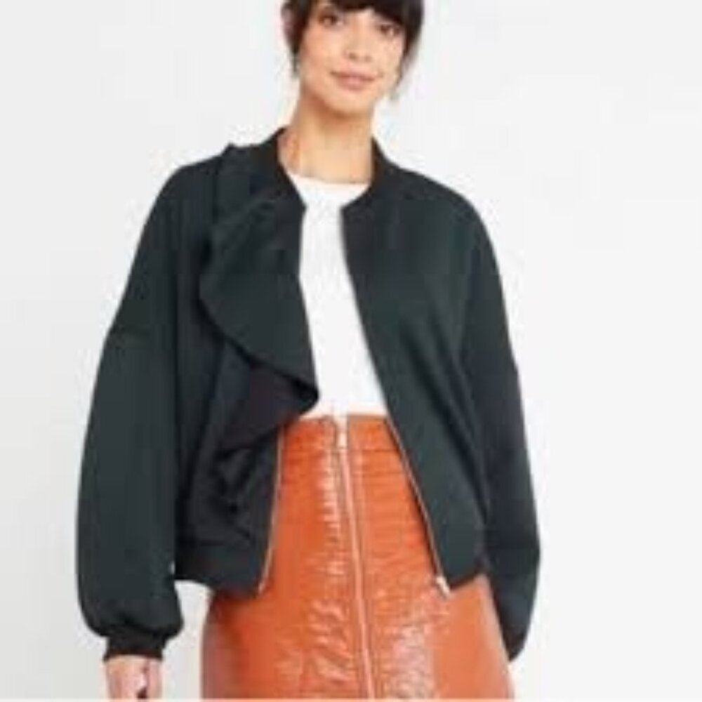 Few Moda Size L Green Ruffle Front Bomber Jacket Black Ribbed Trim Oversized Fit
